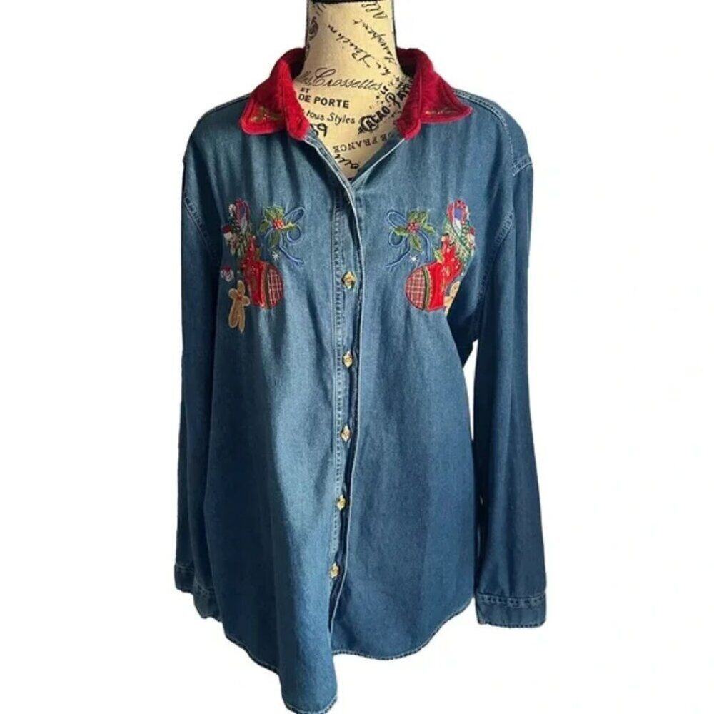 Bobbie Brooks Denim Christmas Shirt XL Long Sleeve Holiday Vintage Style
